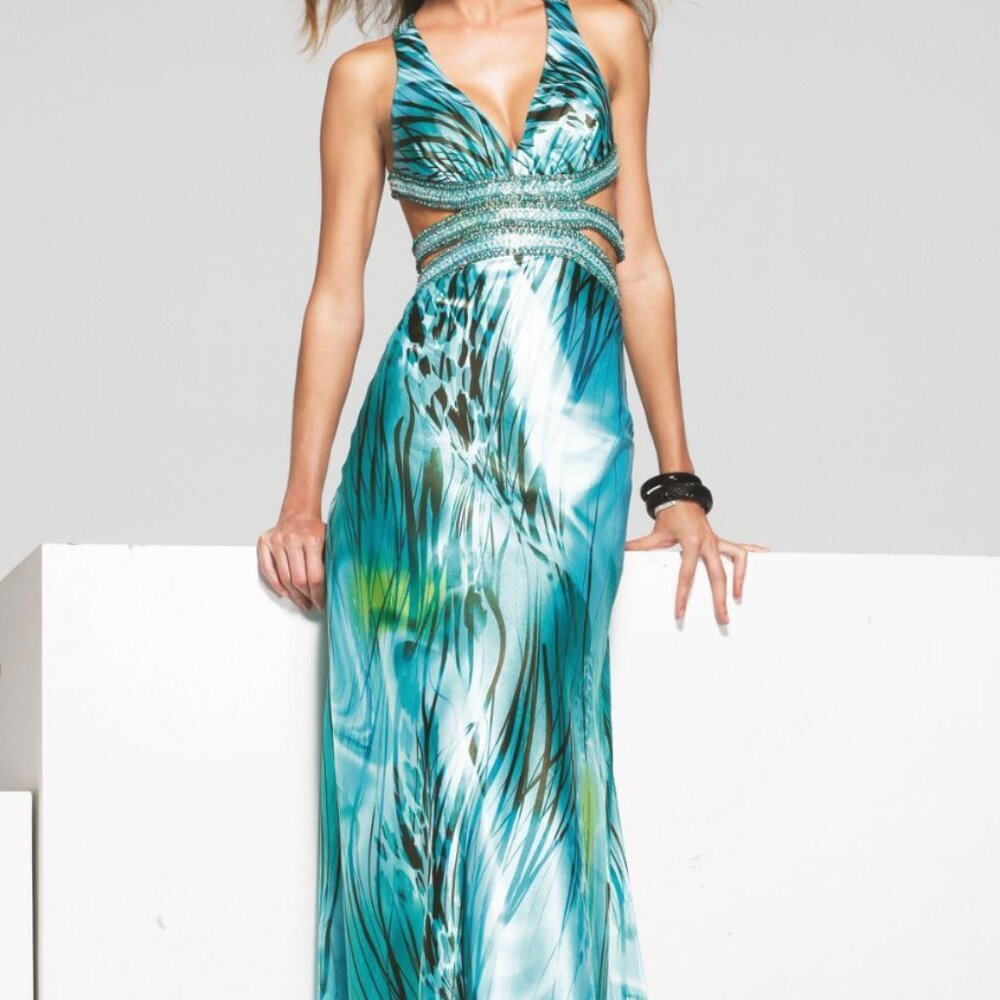 Faviana 6948 Aqua Green Dress, Size 4 – A-Line Gown, Cutouts and Crystal Accents
